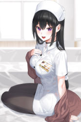 Rule 34 | 1girl, black hair, blush, breasts, choker, dress, hat, highres, kfr, large breasts, long hair, looking at viewer, nurse, nurse cap, open mouth, original, purple eyes, sitting, smile, solo, sweater, thighhighs, white dress