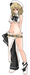 Rule 34 | 1girl, adapted costume, alternate costume, aoshima, asymmetrical clothes, belt, belt skirt, blonde hair, boots, bow, breasts, drill hair, female focus, hair bow, hair ornament, hat, highres, large breasts, long image, luna child, midriff, navel, no bra, red eyes, revealing clothes, sarong, single pantsleg, solo, tall image, touhou, underboob