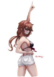 1girl adapted_costume arm_up bikini black_bikini brown_hair front-tie_bikini_top front-tie_top grin hair_flaps hairband highres index_fingers_raised kantai_collection lilshigu long_hair low_twintails official_alternate_costume one-hour_drawing_challenge pocket pointing pointing_up red_hairband sailor_bikini sailor_collar shiratsuyu_(kancolle) shiratsuyu_(swimsuit)_(kancolle) shiratsuyu_kai_ni_(kancolle) shorts simple_background smile solo sunglasses swimsuit thong_bikini twintails twitter_username white_background white_shorts