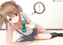 Rule 34 | ..., 10s, 1girl, arm support, ascot, black socks, blurry, blurry background, brown eyes, brown hair, double bun, dx (dekusu), green ascot, grey skirt, hair bun, kantai collection, kneehighs, leaning to the side, michishio (kancolle), on floor, open clothes, open shirt, pleated skirt, shirt, short sleeves, short twintails, skirt, socks, solo, spoken ellipsis, suspenders, twintails, twitter username, white shirt