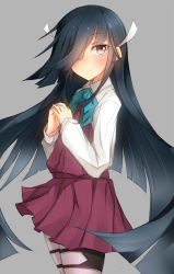 Rule 34 | 10s, 1girl, black hair, blue bow, blue bowtie, bow, bowtie, grey background, grey pantyhose, hair over one eye, hair ribbon, hayashimo (kancolle), highres, kantai collection, long hair, long sleeves, looking at viewer, metindone, pantyhose, red skirt, ribbon, shirt, simple background, skirt, solo, standing, thigh strap, very long hair, vest, white shirt