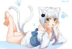 Rule 34 | 1girl, :d, animal ears, bare shoulders, barefoot, blue sash, blush, breasts, cat ears, cat girl, cat hair ornament, cat tail, collarbone, commentary, feet, feet up, full body, hair ornament, hands on own cheeks, hands on own face, hands up, high school dxd, highres, japanese clothes, kimono, looking at viewer, lying, mari (rodoney-kiara), multiple tails, obi, on stomach, open mouth, paw print, sash, short kimono, small breasts, smile, solo, tail, teeth, the pose, toes, toujou koneko, twitter username, two tails, upper teeth only, white background, white hair, white kimono, wide sleeves, yellow eyes