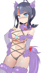 Rule 34 | 1girl, ahoge, animal ears, bare shoulders, black hair, black panties, blue eyes, blush, bow, breasts, cleavage, cosplay, elbow gloves, fate/grand order, fate/requiem, fate (series), fur-trimmed gloves, fur-trimmed legwear, fur collar, fur trim, gloves, highres, looking at viewer, magatama, mash kyrielight, mash kyrielight (dangerous beast), mash kyrielight (dangerous beast) (cosplay), medium breasts, medium hair, multicolored hair, navel, o-ring, panties, purple gloves, purple thighhighs, red hair, revealing clothes, sen (astronomy), sidelocks, solo, streaked hair, tail, thighhighs, thighs, underwear, utsumi erice, wolf ears, wolf tail