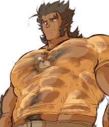 Rule 34 | 1boy, abs, bara, brown eyes, brown hair, commentary, dark skin, dirty, dirty clothes, dragalia lost, highres, male focus, muscular, muscular male, pectorals, piikeisandaa, shirt, sideburns, sweat, valyx (dragalia lost), very sweaty, wet, wet clothes, white background, yellow shirt