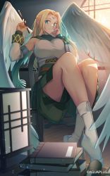 Rule 34 | 1girl, angel wings, aqua eyes, blonde hair, breasts, closed mouth, commentary request, facial mark, forehead jewel, forehead mark, highres, large breasts, legs, long hair, looking at viewer, smile, solo, thighs, ulthury, utawarerumono, white wings, wings, yorubeni