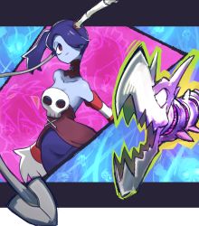 Rule 34 | 1girl, 2019, bare shoulders, blue hair, blue skin, breasts, collarbone, colored skin, detached collar, detached sleeves, fangs, hair over one eye, hanya, leviathan (skullgirls), long skirt, medium breasts, open mouth, purple hair, red eyes, side ponytail, skirt, skull, skullgirls, smile, squigly (skullgirls), stitched mouth, stitches, striped, striped sleeves, upper body, yellow eyes, zombie