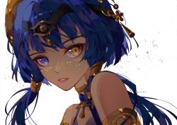 Rule 34 | 1girl, armlet, bare shoulders, black headband, blue eyes, blue hair, candace (genshin impact), genshin impact, headband, heterochromia, long hair, looking at viewer, parted lips, pink lips, portrait, simple background, solo, upper body, white background, yellow eyes, yeurei