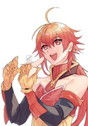 Rule 34 | 1boy, ahoge, banana, bare shoulders, detached sleeves, fate/grand order, fate (series), food, fruit, gauntlets, hair between eyes, highres, holding, holding food, long hair, male focus, open mouth, picoli1313, rama (fate), red eyes, red hair, sidelocks, simple background, solo, upper body
