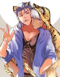 Rule 34 | 0343 u, 2boys, abs, animal ears, animal hood, archer (fate), archer alter (fate), blue hair, blue jacket, cigarette, commentary, corruption, cu chulainn (caster) (fate), cu chulainn (fate), dark-skinned male, dark skin, earrings, fang, fate/grand order, fate (series), fingernails, grey eyes, highres, hood, hooded jacket, jacket, jewelry, long hair, looking at viewer, male focus, midriff peek, multiple boys, pectoral cleavage, pectorals, red eyes, sharp fingernails, shirt, short hair, smile, tail, tiger ears, tiger hood, tiger tail, toned, toned male, white hair, yaoi