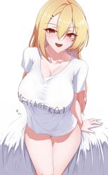 Rule 34 | 1girl, bed, bed sheet, blonde hair, blush, breasts, brown eyes, cleavage, collarbone, gradient hair, highres, large breasts, long hair, looking at viewer, mole, mole under eye, multicolored hair, naked shirt, open mouth, original, pink hair, shirt, sitting, smile, solo, thighs, utsumi karmin