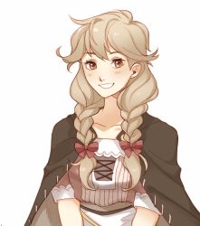 Rule 34 | 1girl, absurdres, braid, brown eyes, brown hair, dress, faye (fire emblem), fire emblem, fire emblem echoes: shadows of valentia, highres, long hair, looking at viewer, nintendo, open mouth, smile, solo, tecchen, twin braids