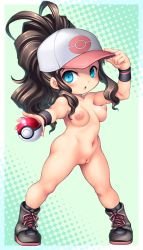 Rule 34 | 10s, 1girl, :3, :d, antenna hair, baseball cap, boots, breasts, brown hair, chibi, creatures (company), female focus, full body, game freak, hair ornament, hat, highres, hilda (pokemon), legs, long hair, looking at viewer, nintendo, nipples, nude, open mouth, poke ball, poke ball hat, poke ball print, pokemon, pokemon bw, ponytail, puffy nipples, pussy, smile, solo, uncensored, very long hair