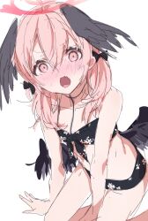 Rule 34 | 1girl, bikini, black bikini, black bow, black wings, blue archive, blush, bow, breasts, commentary request, enomoto nao, feathered wings, floral print, front-tie bikini top, front-tie top, hair between eyes, hair bow, halo, head wings, highres, kneeling, koharu (blue archive), koharu (swimsuit) (blue archive), long hair, looking at viewer, low twintails, low wings, nose blush, official alternate costume, open mouth, pink eyes, pink hair, pink halo, print bikini, simple background, sketch, small breasts, solo, spaghetti strap, swimsuit, twintails, white background, wings
