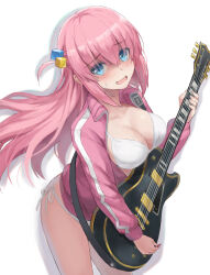 Rule 34 | 1girl, blue eyes, blush, bocchi the rock!, bra, breasts, cleavage, collarbone, cube hair ornament, electric guitar, gotoh hitori, guitar, hair ornament, highres, holding, holding instrument, instrument, jacket, large breasts, long hair, long sleeves, looking at viewer, open mouth, pink jacket, shaded face, simple background, solo, speech bubble, thighs, tonee, track jacket, underwear, white background, white bra