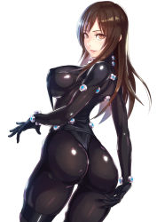 Rule 34 | 1girl, ass, black bodysuit, bodysuit, breasts, brown eyes, brown hair, covered erect nipples, cowboy shot, from behind, gantz, gantz suit, highres, large breasts, long hair, looking at viewer, looking back, matching hair/eyes, parted lips, shimohira reika, shiny clothes, simple background, skin tight, solo, standing, tight clothes, white background, yuuji (and)