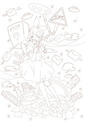 Rule 34 | 1girl, alternate costume, bow, dress, envelope, closed eyes, fujikawa kouta, hair ribbon, hands on own chest, japanese postal mark, kagamine rin, kneehighs, lineart, monochrome, open mouth, postbox, ribbon, road sign, sailor collar, sailor dress, short hair, sign, socks, solo, surreal, vocaloid, wings