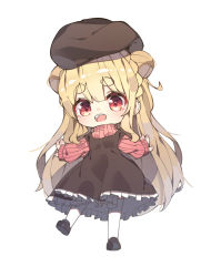 Rule 34 | 1girl, :d, beret, black dress, black footwear, blonde hair, blush, brown hat, chibi, clip studio paint (medium), double bun, dress, frilled dress, frills, full body, hair between eyes, hair bun, hat, highres, loafers, long hair, long sleeves, looking at viewer, open mouth, original, pink sweater, red eyes, ribbed sweater, se.a, shoes, short eyebrows, simple background, sleeveless, sleeveless dress, sleeves past wrists, smile, solo, standing, standing on one leg, sweater, teeth, thick eyebrows, thighhighs, turtleneck, turtleneck sweater, upper teeth only, very long hair, white background, white thighhighs
