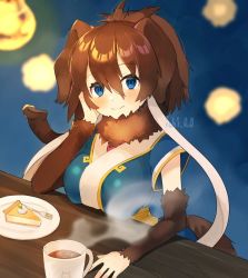 Rule 34 | 1girl, blue eyes, blue shirt, brown hair, cake, coffee, commentary request, detached sleeves, food, fur collar, kemono friends, long hair, looking at viewer, mammoth (kemono friends), mammoth ears, mammoth tail, noamem, shirt, sitting, smile, solo