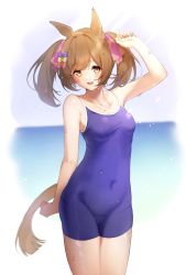 Rule 34 | 1girl, absurdres, animal ears, arm up, bare arms, bare shoulders, blue one-piece swimsuit, blurry, blurry background, blush, bow, breasts, brown eyes, brown hair, commentary request, covered navel, cowboy shot, hair bow, hair ribbon, highres, horse ears, horse girl, horse tail, koishi (kiwi0314), long hair, looking at viewer, one-piece swimsuit, open mouth, pink bow, purple bow, ribbon, school swimsuit, small breasts, smart falcon (umamusume), smile, solo, standing, swimsuit, tail, twintails, umamusume, wet, yellow bow