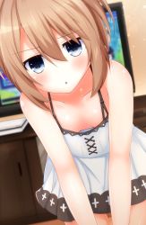 Rule 34 | 10s, 1girl, :o, blanc (neptunia), blue eyes, blurry, blush, breasts, breasts apart, brown hair, collarbone, depth of field, downblouse, dress, dutch angle, extended downblouse, game console, hair between eyes, haru blanc0316, highres, leaning forward, looking at viewer, neptune (series), no bra, parted lips, playstation 4, small breasts, solo, spaghetti strap, television, white dress