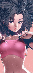 Rule 34 | 1girl, absurdres, adjusting clothes, big hair, black eyes, black hair, breasts, caulifla, dragon ball, dragon ball super, highres, kanchiyo, lips, looking down, navel, parted lips, simple background, solo, upper body