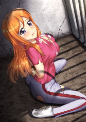 Rule 34 | 1girl, bdsm, bleach, bondage, bound, bra, breasts, captured, cell, dirty, dirty clothes, dirty hands, dirty socks, female focus, grey eyes, helpless, imminent rape, inoue orihime, large breasts, long hair, looking at viewer, momoisaki, orange hair, pink shirt, prison, rope, scared, shirt, socks, solo, torn clothes, torn shirt, underwear, wrist cuffs