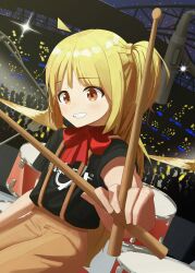 Rule 34 | 1girl, absurdres, ahoge, black shirt, blonde hair, bocchi the rock!, bow, bowtie, brown pants, capry, commentary request, cowboy shot, crowd, cymbals, detached ahoge, drum, drum set, drumsticks, highres, holding, holding drumsticks, ijichi nijika, instrument, light blush, long hair, looking at viewer, night, orange eyes, outstretched arm, pants, print shirt, reaching, reaching towards viewer, red bow, red bowtie, shirt, short sleeves, side ponytail, sitting, sky, smile, solo, stadium, star (sky), starry sky, suspenders, t-shirt, teeth