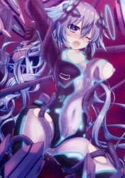 Rule 34 | 1girl, absurdres, bdsm, blue eyes, blush, bodysuit, bondage, bound, braid, breasts, female focus, hair ornament, highres, long hair, looking at viewer, mizunashi (second run), neptune (neptunia), neptune (series), next purple, nipples, one eye closed, open mouth, purple hair, purple heart (neptunia), restrained, shin jigen game neptune vii, skin tight, solo, symbol-shaped pupils, tears, tentacles, tentacles under clothes, twin braids, very long hair