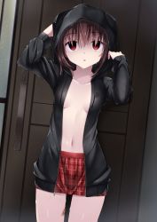 Rule 34 | 1girl, absurdres, arms up, bandaid, bandaid on leg, black jacket, breasts, brown hair, collarbone, commentary request, copyright request, cowboy shot, door, drawstring, empty eyes, highres, hino (2nd life), hood, hooded jacket, indoors, jacket, long sleeves, looking at viewer, miniskirt, navel, no bra, open clothes, open jacket, plaid, plaid skirt, red eyes, red skirt, short hair, skirt, small breasts, solo, stomach, water drop, wet
