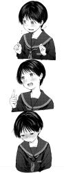 Rule 34 | 1girl, 5saiji, :d, absurdres, blush, expressions, female focus, full-face blush, greyscale, halftone, highres, looking away, monochrome, nervous, nervous smile, open mouth, original, portrait, sailor collar, school uniform, short hair, smile, solo, sweat, turning head