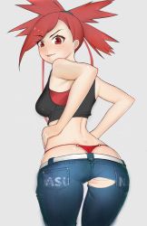 Rule 34 | 1girl, absurdres, ass, belt, bikini, bikini under clothes, blush, breasts, character name, clothes writing, commentary request, cowboy shot, creatures (company), crop top, denim, derivative work, flannery (pokemon), game freak, gatchan, gluteal fold, grey background, gym leader, highres, jeans, layered clothes, looking at viewer, looking back, medium breasts, nintendo, o-ring, o-ring bottom, panties, pants, pokemon, pokemon oras, red bikini, red eyes, red hair, red panties, smile, solo, swimsuit, thong, thong bikini, tongue, tongue out, torn clothes, torn jeans, torn pants, underwear, whale tail (clothing), white belt