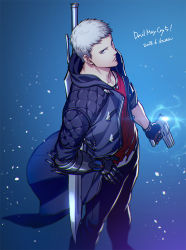 Rule 34 | 1boy, artist name, blue jacket, blue rose (gun), copyright name, dated, devil breaker, devil may cry (series), devil may cry 5, feet out of frame, grey hair, hand on own hip, jacket, kuren, long coat, male focus, nero (devil may cry), prosthesis, prosthetic arm, short hair, solo, sword, weapon
