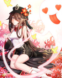 Rule 34 | 1girl, absurdres, black hat, black shirt, black shorts, blush, brown hair, bug, butterfly, clothes down, flower, genshin impact, ghost, hair between eyes, hat, hat flower, highres, hu tao (genshin impact), insect, long hair, long sleeves, looking at viewer, ml devil23333, nail polish, no shoes, red flower, shirt, short shorts, shorts, socks, solo, star-shaped pupils, star (symbol), symbol-shaped pupils, undershirt, very long hair, white shirt, white socks, wide sleeves, yellow butterfly, yellow eyes