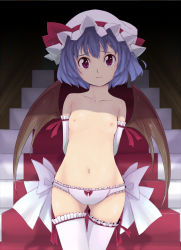 Rule 34 | 1girl, arms behind back, bad id, bad pixiv id, bat wings, blue hair, blush, bow, bow legwear, bow panties, elbow gloves, female focus, flat chest, frilled panties, frilled thighhighs, frills, gloves, gustav (telomere na), hat, large bow, navel, nipples, panties, red eyes, remilia scarlet, short hair, solo, standing, thigh gap, thighhighs, thighs, touhou, underwear, white panties, white thighhighs, wings