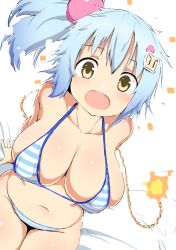 Rule 34 | 1girl, :d, arm support, arms behind back, bikini, blue bikini, blue hair, blush, bombergirl, bomberman, breasts, cleavage, collarbone, cowboy shot, fuse, hair ornament, large breasts, lit fuse, looking at viewer, midriff, navel, open mouth, panties, plump, shiro (bombergirl), side ponytail, simple background, sitting, skindentation, smile, solo, striped bikini, striped clothes, striped panties, swimsuit, teeth, tottotonero, underwear, upper teeth only, white background, white bikini, white bomberman, yellow eyes