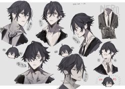 Rule 34 | 1boy, absurdres, black gloves, black hair, black neckwear, character name, character sheet, closed mouth, collarbone, dated, formal, gloves, grey background, grey eyes, hair between eyes, heterochromia, highres, male focus, mayutsuba mono, multiple views, necktie, nero (mayutsuba mono), open mouth, original, parted lips, red eyes, simple background, sketch, suit, wide-eyed