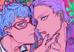 Rule 34 | 2boys, absurdres, blue hair, blue nails, ear piercing, flower, ghiaccio, glasses, hand on another&#039;s chin, hand on another&#039;s head, highres, jacket, jojo no kimyou na bouken, looking at viewer, male focus, medium hair, melone, multiple boys, nail polish, piercing, pink background, plant, purple hair, purple jacket, red nails, ritsuno ananda, short hair, tongue, tongue out, vento aureo, white jacket