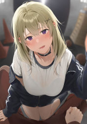 Rule 34 | 1girl, absurdres, black collar, black jacket, blonde hair, blush, bra visible through clothes, breasts, collar, highres, jacket, large breasts, long hair, long sleeves, looking at viewer, looking back, mole, mole under eye, original, parted lips, partially unzipped, pov, purple eyes, shirt, smile, solo focus, t-shirt, thighs, white shirt, xretakex