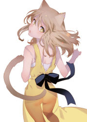Rule 34 | 1girl, animal ears, arutera, ass, blush, bright pupils, brown hair, cat ears, cat tail, dress, from above, from behind, long dress, medium hair, original, parted lips, see-through silhouette, sidelocks, simple background, solo, strap slip, tail, white background, white pupils, yellow dress, yellow eyes