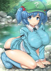 Rule 34 | 1girl, all fours, blonde hair, blue eyes, blue hair, blush, boots, breasts, butt crack, hair bobbles, hair ornament, hat, huge breasts, inaho, kawashiro nitori, large breasts, long hair, matching hair/eyes, onsen, outdoors, rock, short hair, smile, solo, sunlight, thighs, touhou, twintails, two side up