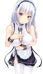 Rule 34 | 1girl, anchor choker, apron, azur lane, bad id, bad pixiv id, bare shoulders, black hairband, blush, breasts, center frills, choker, clothes lift, clothing cutout, commentary request, dido (azur lane), dress, frilled apron, frilled choker, frills, hairband, highres, lace-trimmed hairband, lace trim, large breasts, long hair, looking at viewer, maid, maid apron, ponyaru, purple eyes, silver hair, simple background, sleeveless, solo, thighhighs, underboob, underboob cutout, waist apron, white apron, white background, white thighhighs