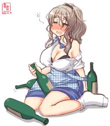 Rule 34 | 1girl, alcohol, alternate costume, alternate hairstyle, apron, black bra, blue apron, blue bow, blue bowtie, blue skirt, bottle, bow, bowtie, bra, breasts, brown eyes, checkered apron, checkered clothes, dated, drunk, employee uniform, eyebrows, gingham, gingham apron, grey hair, highres, holding, holding bottle, kanon (kurogane knights), kantai collection, kobeya, kobeya uniform, large breasts, open clothes, open shirt, plaid, plaid apron, pleated shirt, pola (kancolle), ponytail, saliva, saliva trail, simple background, sitting, skirt, socks, solo, squeans, underwear, uniform, unmoving pattern, waitress, wariza, wavy hair, white background, white socks, wine bottle