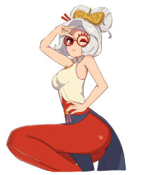 Rule 34 | 1girl, \m/, blush, breasts, chirun0, eyeshadow, eyewear on head, from side, grey hair, hair ornament, hair stick, hair up, hand on own hip, highres, makeup, medium breasts, nintendo, one eye closed, pantyhose, purah, red-framed eyewear, red eyeshadow, red pantyhose, shirt, simple background, sleeveless, sleeveless shirt, smile, solo, the legend of zelda, the legend of zelda: tears of the kingdom, white background, white shirt