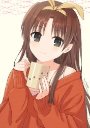 Rule 34 | 1boy, black eyes, brown hair, closed mouth, commentary, cup, hair ribbon, highres, holding, holding cup, light blush, little busters!, long hair, looking at viewer, mug, naoe riki, orange sweater, parted bangs, paw print, piyo (kinkooo333), ribbon, sidelocks, signature, simple background, sleeves past wrists, smile, solo, sweater, trap, upper body, yellow background, yellow ribbon
