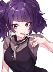 Rule 34 | 1girl, black nails, blush, breasts, collarbone, diagonal bangs, dot nose, earrings, finger to mouth, grey shirt, hand up, highres, hoop earrings, idolmaster, idolmaster shiny colors, jewelry, long hair, looking at viewer, medium breasts, nail polish, purple eyes, purple hair, purple skirt, ring, see-through, see-through shirt, shirt, short sleeves, simple background, skirt, smile, solo, spoonkoros, suspender skirt, suspenders, tanaka mamimi, tongue, tongue out, twintails, upper body, white background