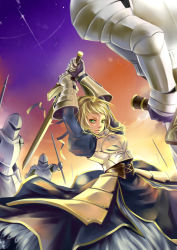 Rule 34 | 1girl, ahoge, armor, armored dress, artoria pendragon (fate), battle, blonde hair, dress, excalibur (fate/stay night), fate/stay night, fate (series), faulds, fighting, gauntlets, green eyes, hair ribbon, highres, knight, ribbon, saber (fate), solo, stvictoria (hotusconclusus), sword, weapon