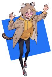 Rule 34 | 1boy, animal ears, black pants, blue eyes, brown jacket, cat ears, cat hair ornament, cat tail, full body, green eyes, hair ornament, hands up, heterochromia, highres, hood, hoodie, isaac (adey), jacket, looking at viewer, male focus, medium hair, open mouth, original, pants, parted bangs, red footwear, shoes, simple background, sneakers, solo, standing, sunglasses, tail, ten (lu2948d), tight clothes, tight pants, yellow hoodie