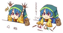 Rule 34 | 1girl, = =, ?, arms up, blue hair, blush stickers, chibi, chisel, commentary, dress, english commentary, hair between eyes, haniwa (statue), haniyasushin keiki, head scarf, holding, jewelry, long hair, long sleeves, magatama, magatama necklace, meme, multiple views, necklace, open mouth, purple eyes, smile, sweat, touhou, translation request, upper body, wide sleeves, wool (miwol), yellow dress