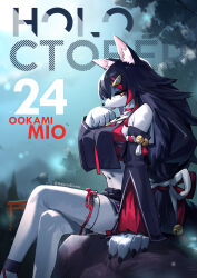 Rule 34 | 1girl, absurdres, adarin, animal ears, bare shoulders, bell, black hair, black serafuku, black shirt, black skirt, breasts, character name, choker, crop top, crossed legs, detached sleeves, double-parted bangs, english text, forest, furry, furry female, hair ornament, hairclip, highres, hololive, jingle bell, kouhaku nawa, large breasts, long hair, long sleeves, looking at viewer, low-tied long hair, midriff, miniskirt, multicolored hair, nature, navel, necktie, ookami mio, pleated skirt, red choker, red hair, red necktie, rope, sailor collar, school uniform, serafuku, shimenawa, shirt, side slit, sidelocks, sitting, skirt, sleeveless, sleeveless shirt, solo, spiked hair, stomach, streaked hair, tabi, thighhighs, tongue, tongue out, twitter username, very long hair, virtual youtuber, white sailor collar, white thighhighs, wolf ears, yellow eyes