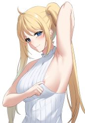 Rule 34 | 1girl, absurdres, ahoge, areola slip, arm behind head, arm up, armpits, arms behind head, bare shoulders, blonde hair, blue eyes, blush, breasts, clothes pull, dobure18, dress, halter dress, halterneck, highres, large breasts, long hair, looking at viewer, naughty face, nijisanji, nijisanji id, no bra, presenting armpit, ribbed dress, seductive smile, shirt pull, sideboob, simple background, sleeveless, sleeveless dress, smile, solo, twintails, upper body, very long hair, virtual youtuber, white background, white dress, zea cornelia